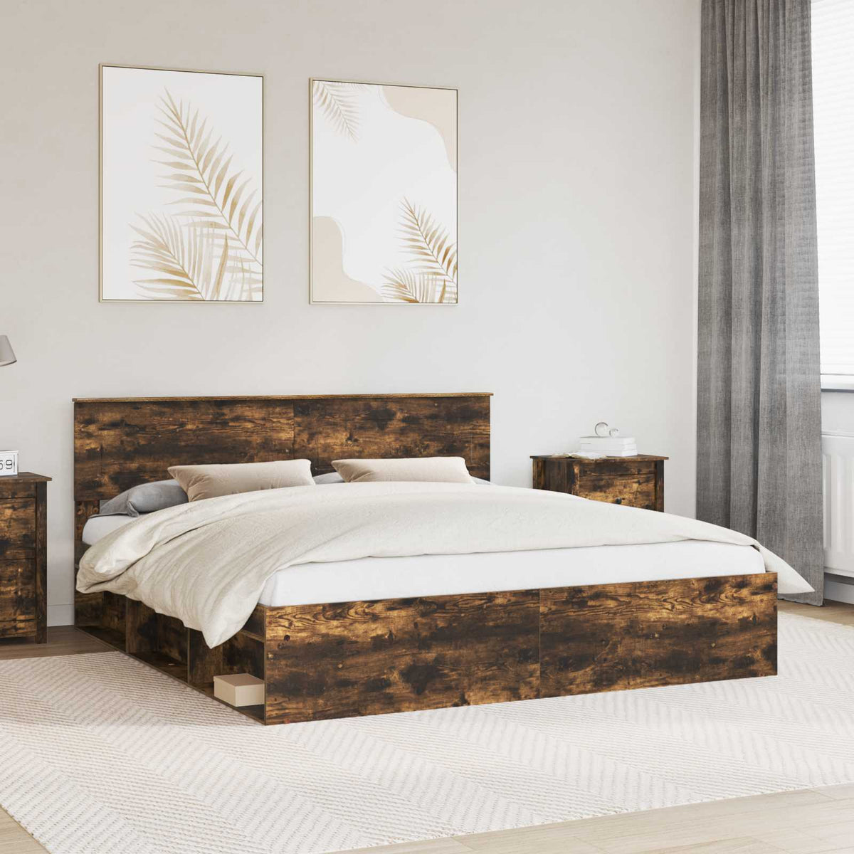 Bedframe met hoofdeinde Gerookt eiken 200 x 200 cm Bewerkt hout is nu te koop bij PeponiXL, paradijselijk wonen!