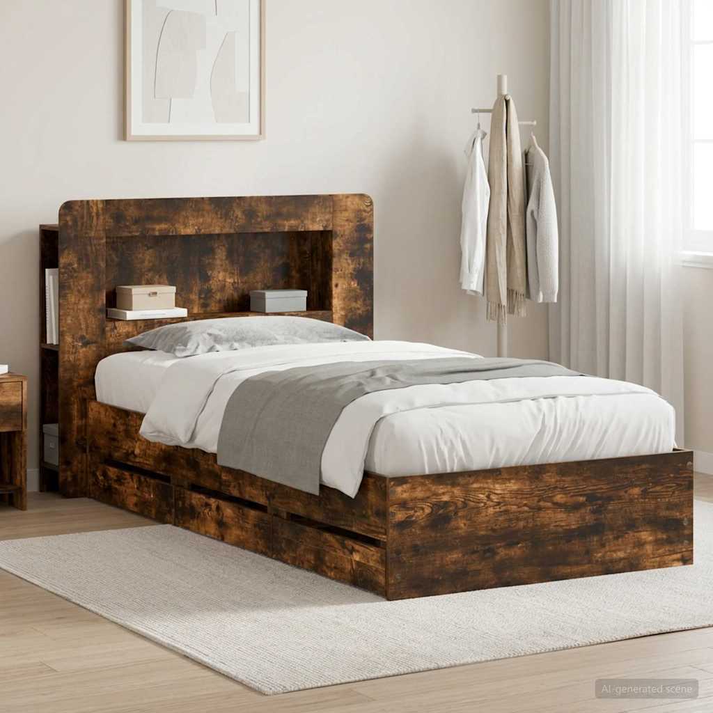 Bedframe met opslag Gerookt eiken 90 x 200 cm Bewerkt hout is nu te koop bij PeponiXL, paradijselijk wonen!