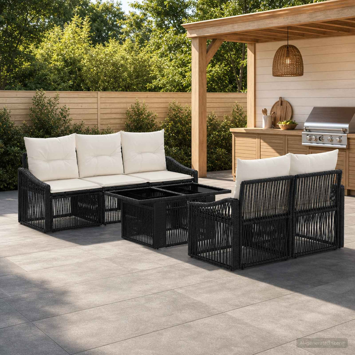 Tuinbankenset 6 st Zwart en Cream Wit poly rattan is nu te koop bij PeponiXL, paradijselijk wonen!