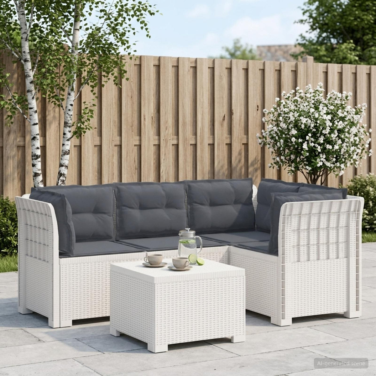 4-Persoons Tuinbank met Kussens Rieten Look PP Wit is nu te koop bij PeponiXL, paradijselijk wonen!