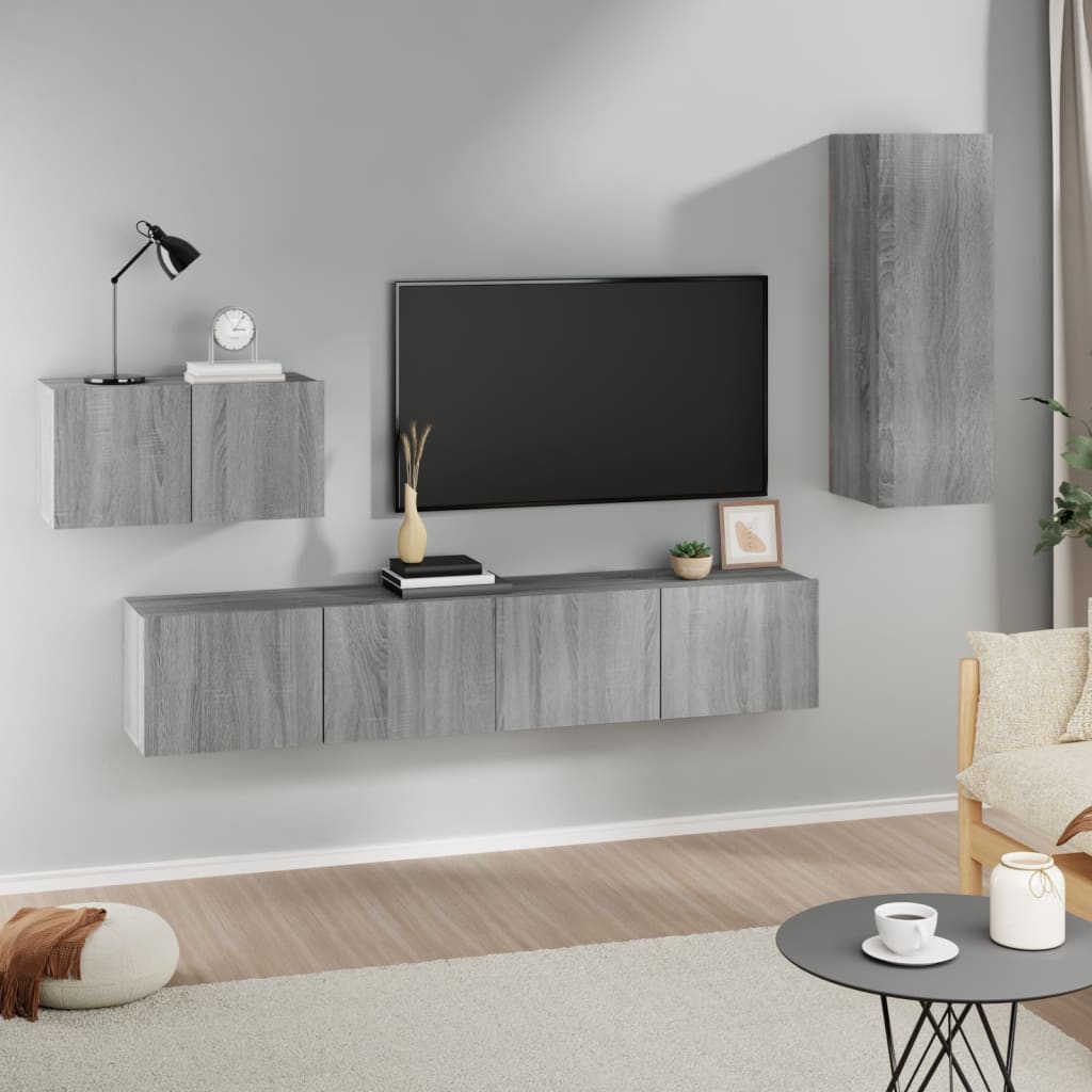 4-delige Tv-meubelset bewerkt hout grijs sonoma eikenkleurig is nu te koop bij PeponiXL, paradijselijk wonen!