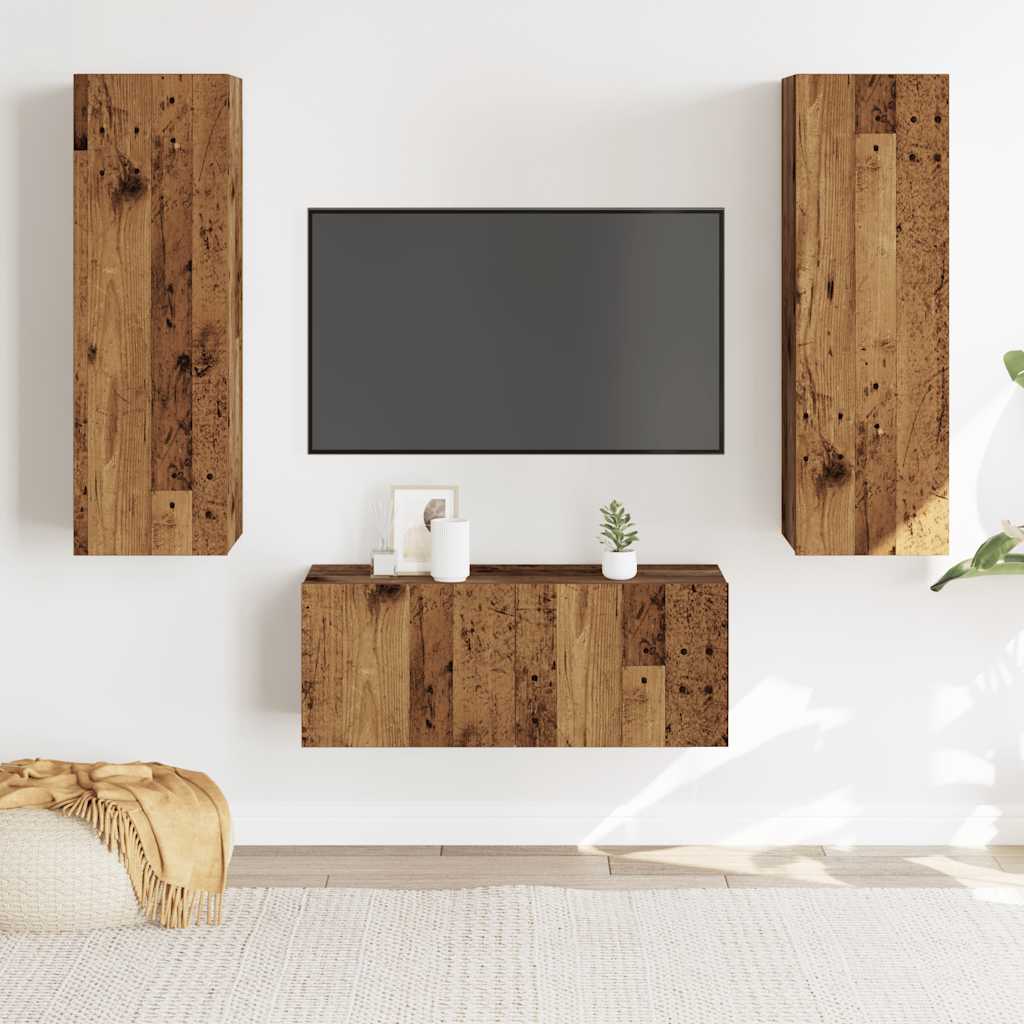 Tv-wandkasten 3 st bewerkt hout oud houtkleurig is nu te koop bij PeponiXL, paradijselijk wonen!