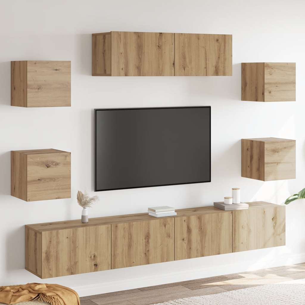 7-delig Tv-meubelset wandmontage bewerkt hout artisanaal eiken is nu te koop bij PeponiXL, paradijselijk wonen!