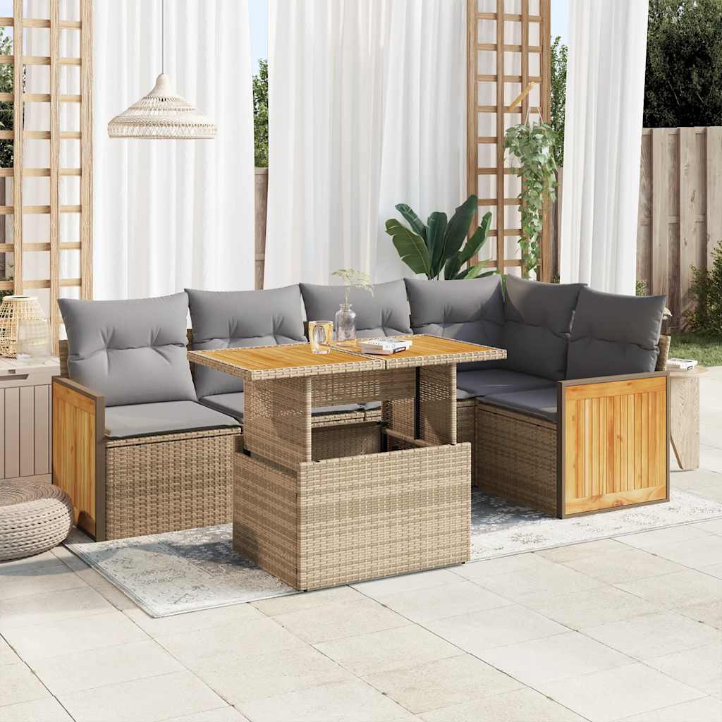 6-delige Loungeset met kussens poly rattan acacia beige is nu te koop bij PeponiXL, paradijselijk wonen!