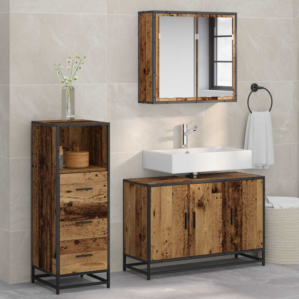 Badkamermeubelset met lade 3 pcs Oud Hout Bewerkt hout is nu te koop bij PeponiXL, paradijselijk wonen!