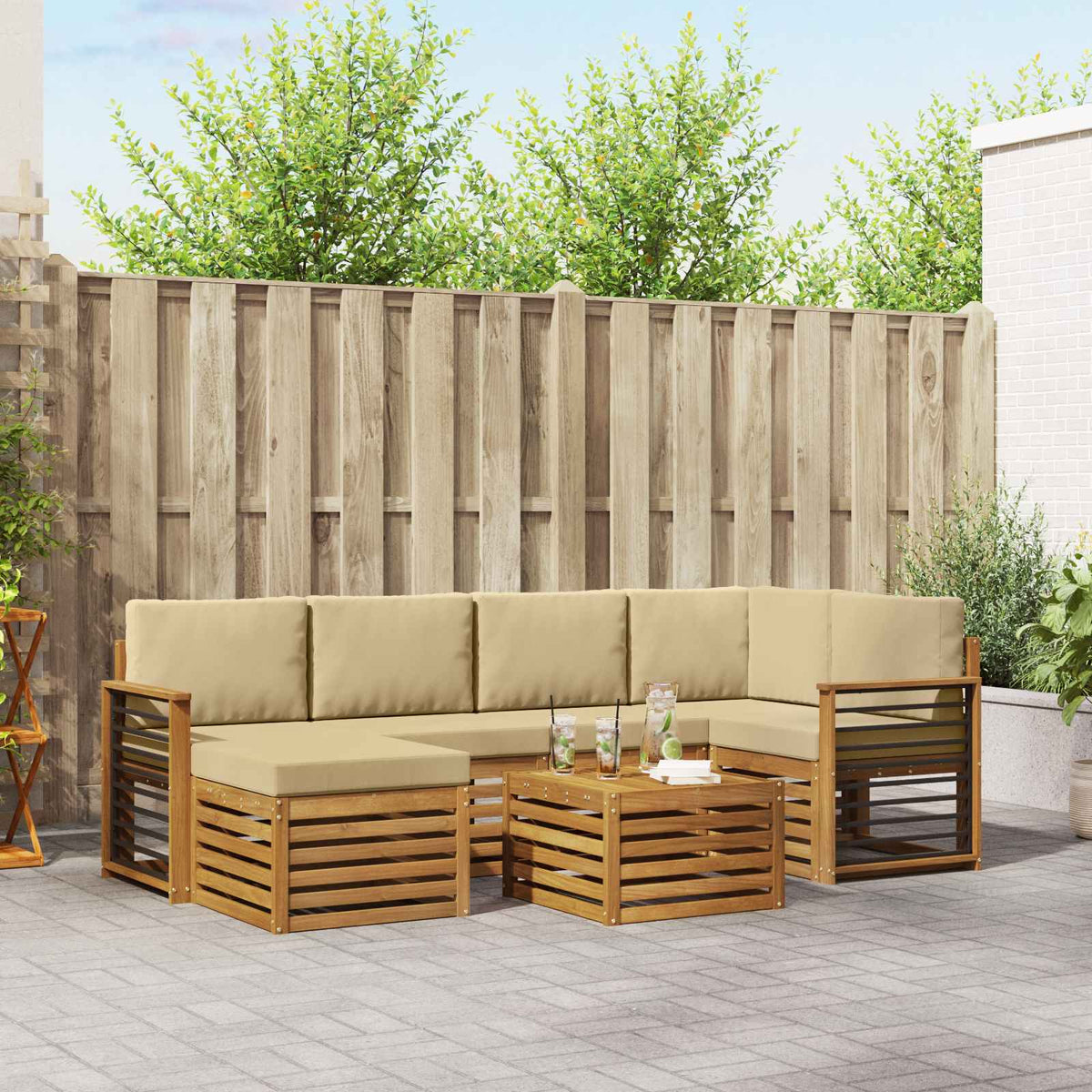 Hoekbank Set 7 pcs Natuurlijk en Beige Massief Acaciahout is nu te koop bij PeponiXL, paradijselijk wonen!