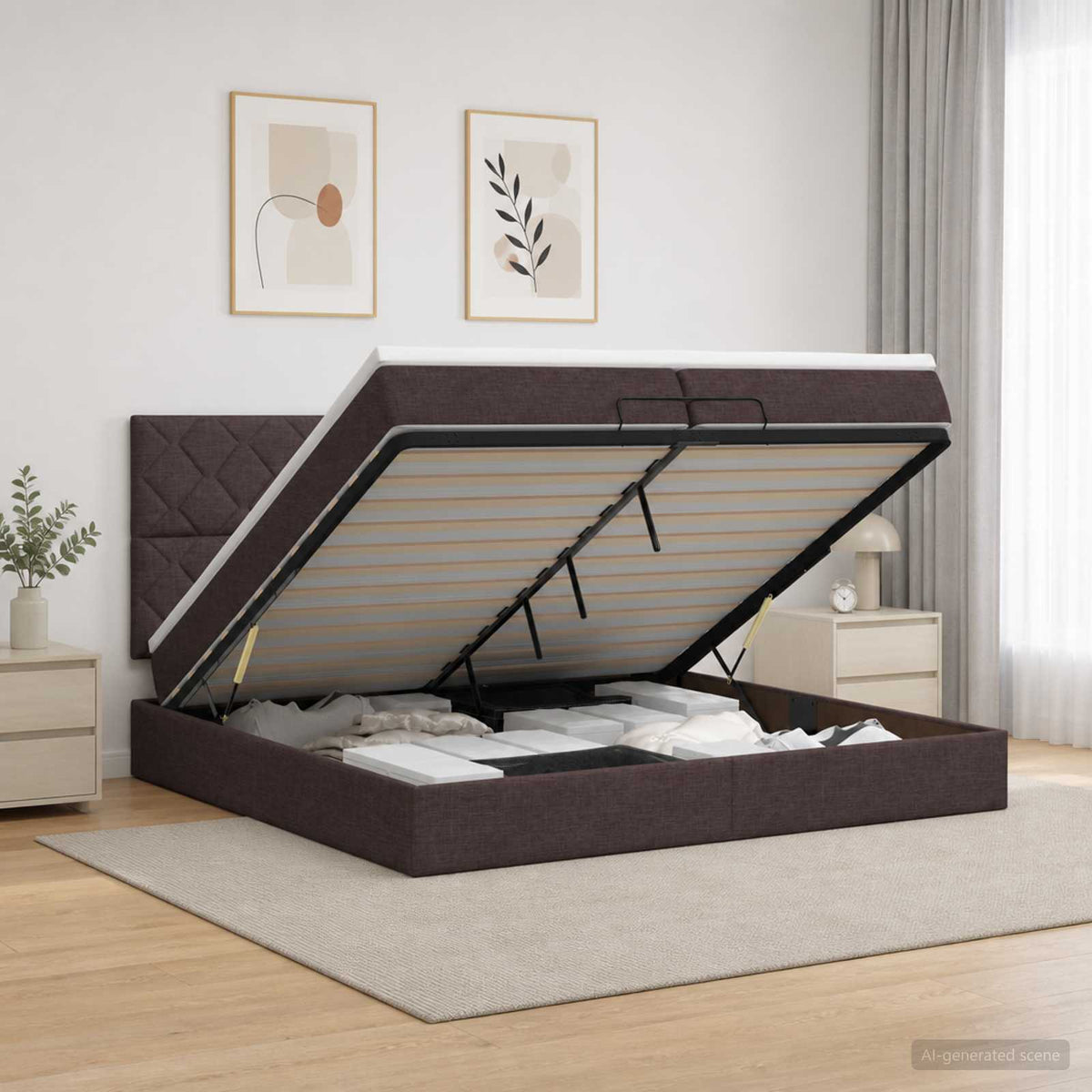 Ottoman bed met matras Donkerbruin 200 x 200 cm Stof is nu te koop bij PeponiXL, paradijselijk wonen!