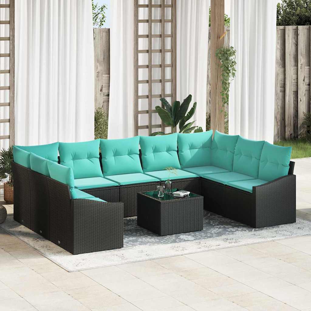 Bankstel met kussen 10 pcs Zwart poly rattan is nu te koop bij PeponiXL, paradijselijk wonen!