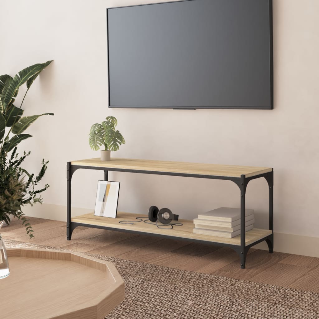 Tv-meubel 100x33x41 cm bewerkt hout en staal sonoma eikenkleur is nu te koop bij PeponiXL, paradijselijk wonen!