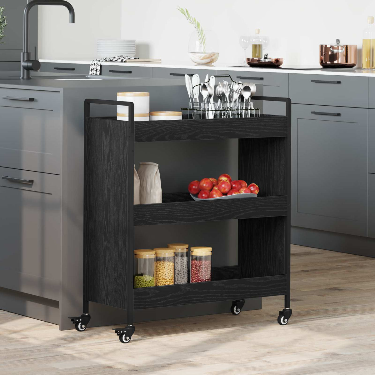 Keuken Trolley Zwart Eiken 70 x 30 x 82 cm Bewerkt hout is nu te koop bij PeponiXL, paradijselijk wonen!