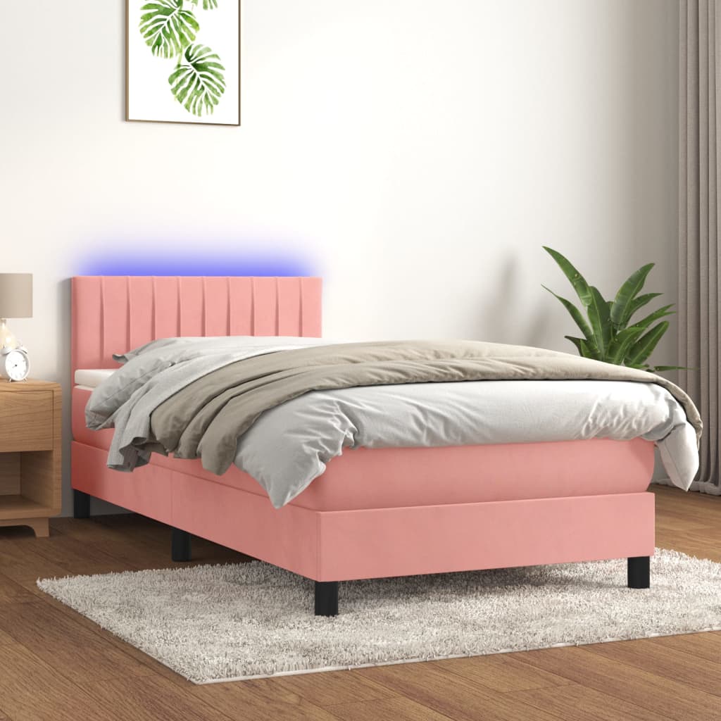 Boxspring met matras en LED fluweel roze 90x190 cm is nu te koop bij PeponiXL, paradijselijk wonen!