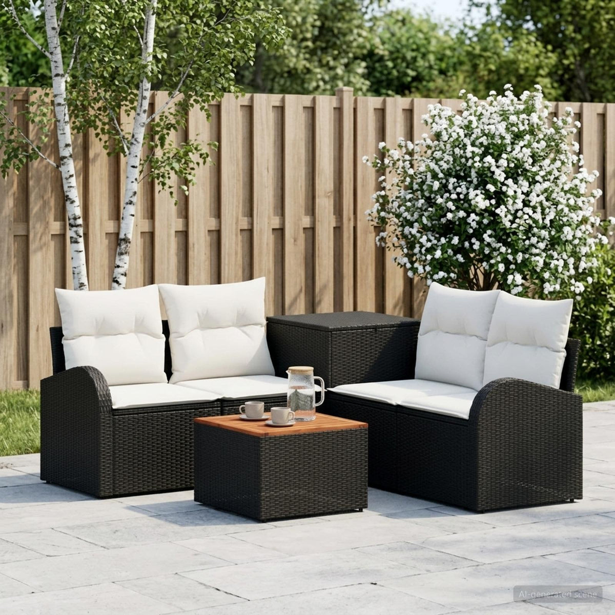 Bankstel 6 st Zwart en Cream Wit Poly Rattan en Staal is nu te koop bij PeponiXL, paradijselijk wonen!