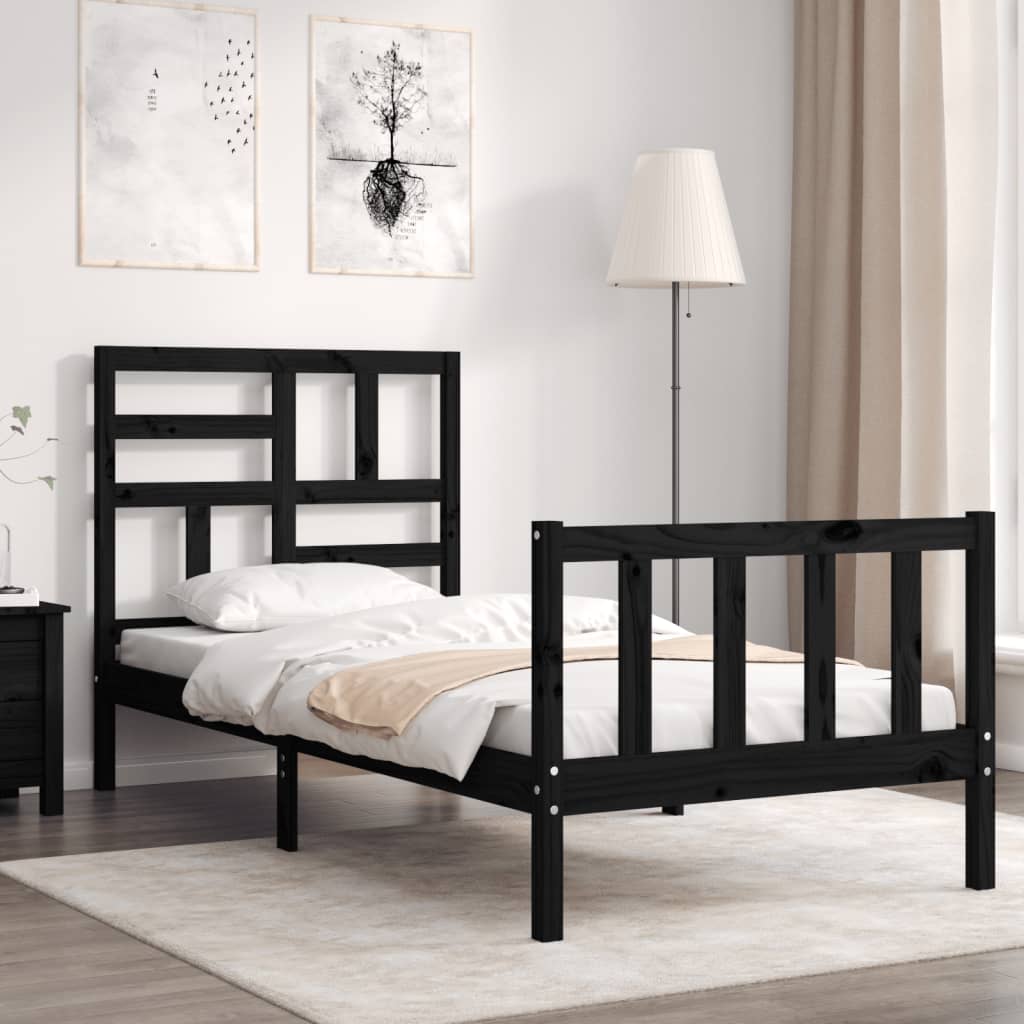 Bedframe met hoofdbord massief hout zwart is nu te koop bij PeponiXL, paradijselijk wonen!