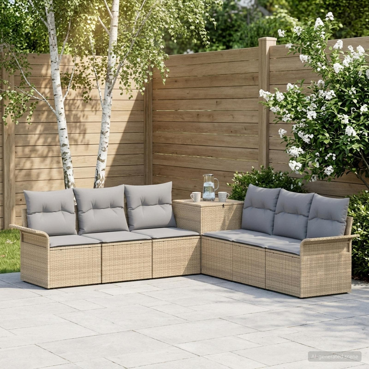 Bankstel 7 st Beige en Licht Grijs Poly Rattan en Staal is nu te koop bij PeponiXL, paradijselijk wonen!