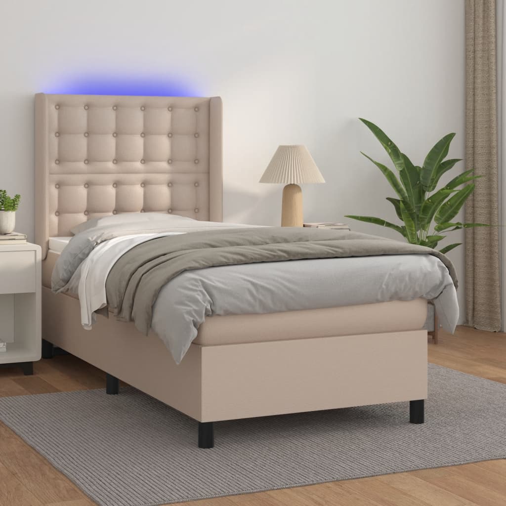 Boxspring met matras en LED kunstleer cappuccinokleur 100x200cm is nu te koop bij PeponiXL, paradijselijk wonen!