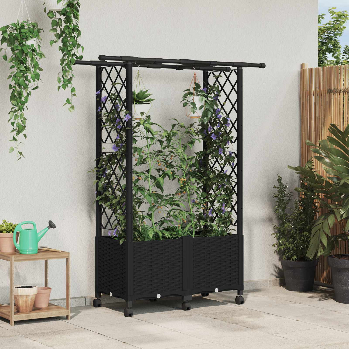 Verhoogd Bed met Trellis en Dak Zwart 124,5 x 40 x 142 cm PP is nu te koop bij PeponiXL, paradijselijk wonen!