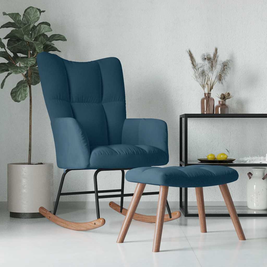 Schommelstoel met krukje blauw fluweel is nu te koop bij PeponiXL, paradijselijk wonen!