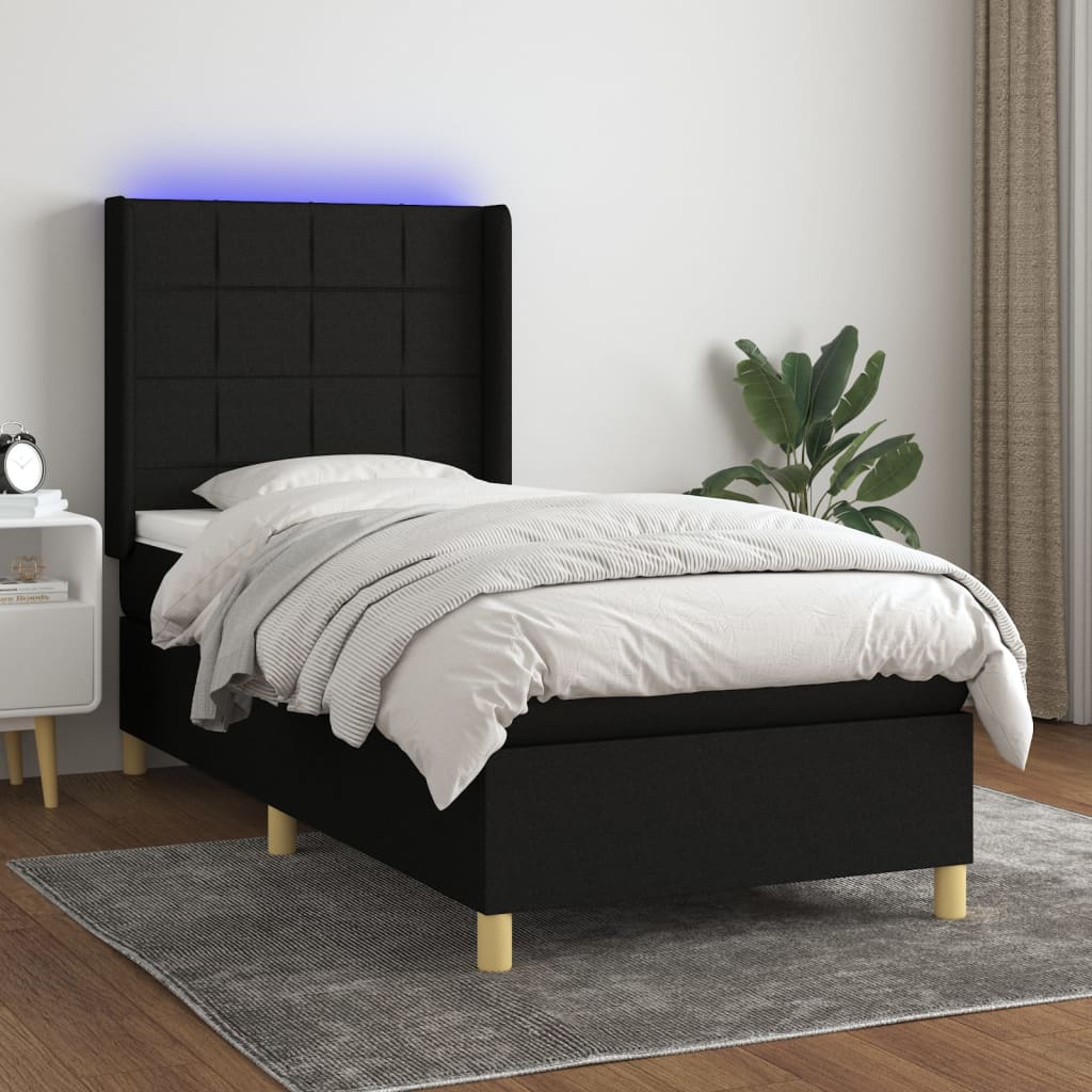Boxspring met matras en LED stof zwart 100x200 cm is nu te koop bij PeponiXL, paradijselijk wonen!
