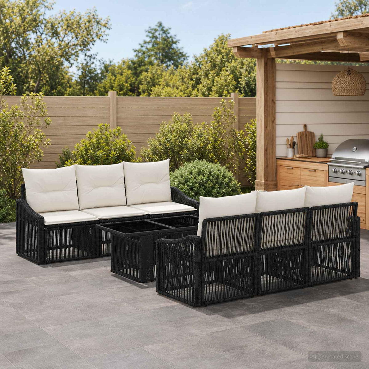 Tuinbankenset 7 st Zwart en Cream Wit poly rattan is nu te koop bij PeponiXL, paradijselijk wonen!