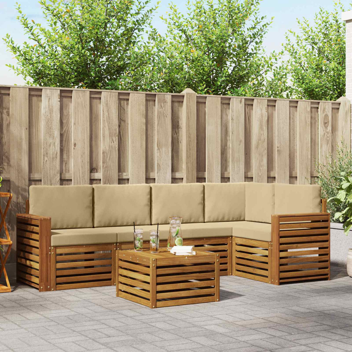 Hoekbank Set 6 pcs Natuurlijk en Beige Massief Acaciahout is nu te koop bij PeponiXL, paradijselijk wonen!