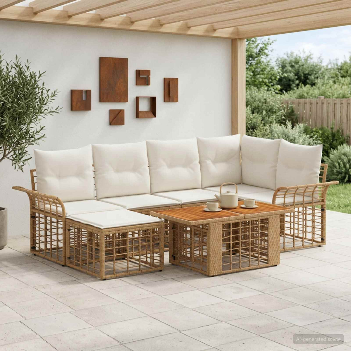 Tuinbankenset 7 st Natuurlijk en Crème Wit poly rattan is nu te koop bij PeponiXL, paradijselijk wonen!