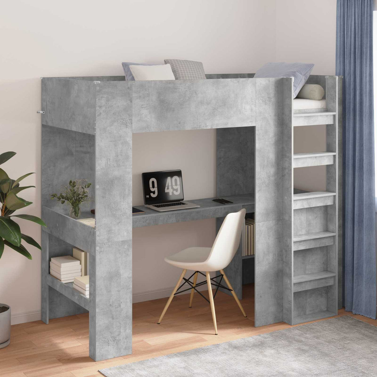 Loft Bedframe met Bureau Beton Grijs 90 x 190 cm Bewerkt hout is nu te koop bij PeponiXL, paradijselijk wonen!