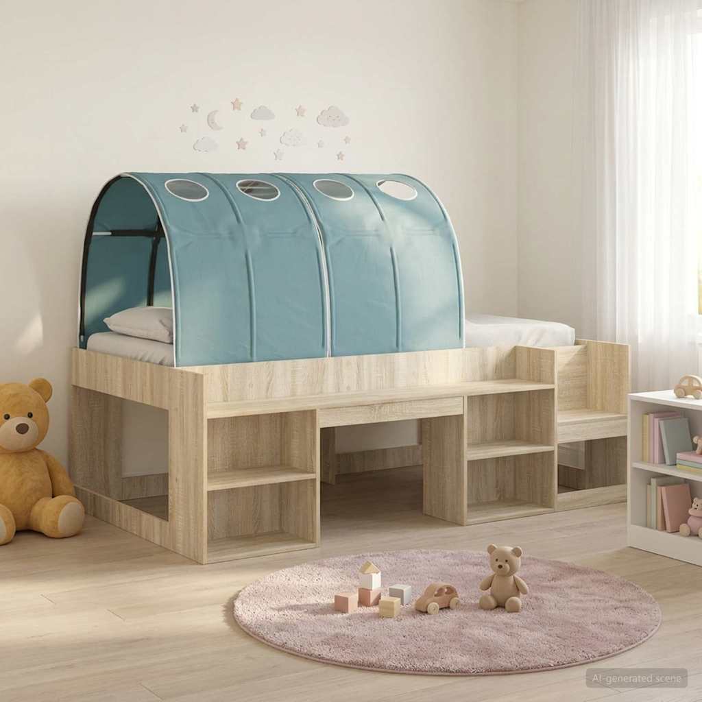 Bedframe met tunnel met plank 3 st Sonoma eiken en lichtblauw is nu te koop bij PeponiXL, paradijselijk wonen!