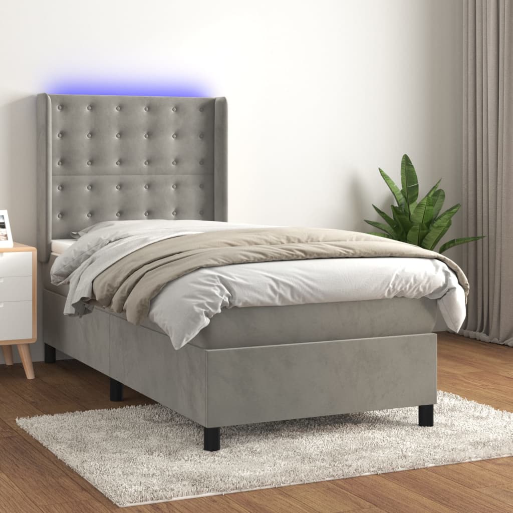 Boxspring met matras en LED fluweel lichtgrijs 90x190 cm is nu te koop bij PeponiXL, paradijselijk wonen!