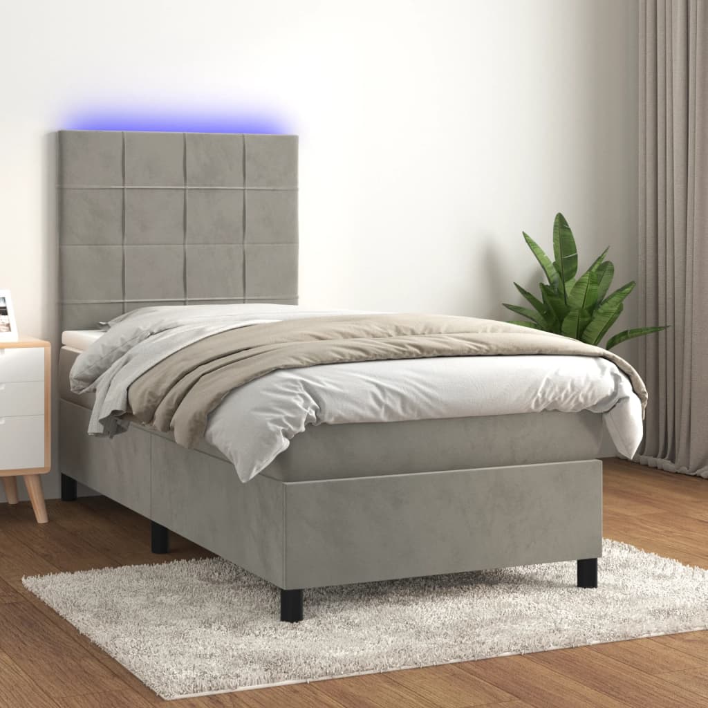 Boxspring met matras en LED fluweel lichtgrijs 90x200 cm is nu te koop bij PeponiXL, paradijselijk wonen!