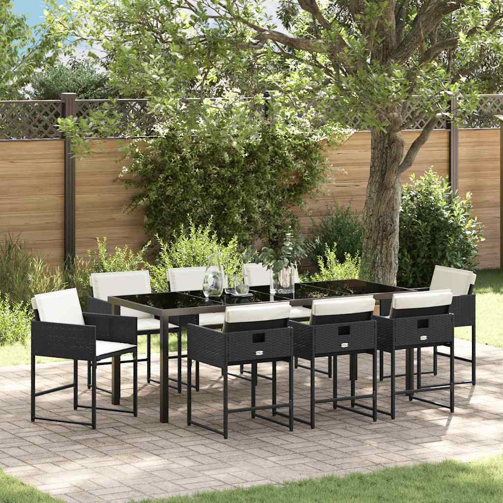 Tuin eettafelset met kussen 9 pcs Zwart poly rattan is nu te koop bij PeponiXL, paradijselijk wonen!