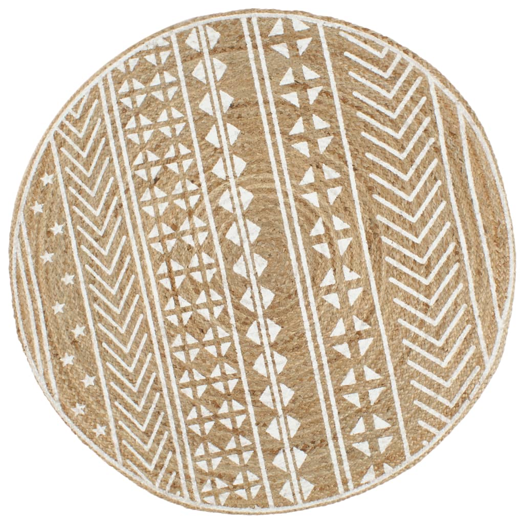 Vloerkleed handgemaakt met witte print 120 cm jute is nu te koop bij PeponiXL, paradijselijk wonen!