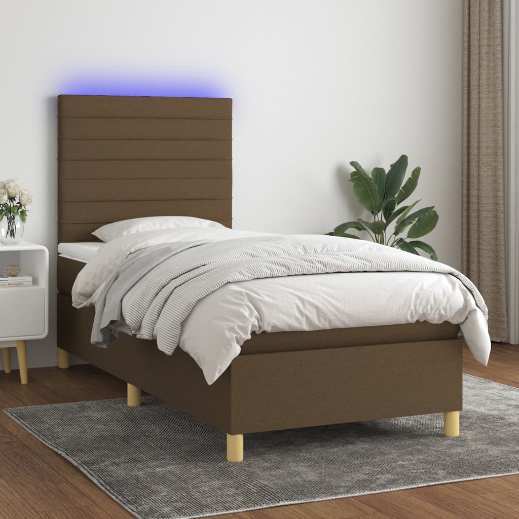 Boxspring met matras en LED stof donkerbruin 90x190 cm is nu te koop bij PeponiXL, paradijselijk wonen!