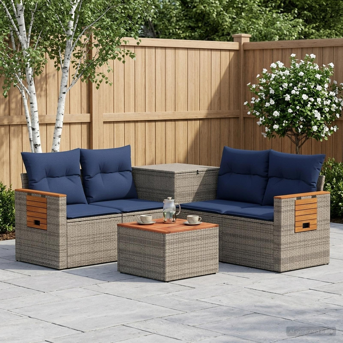 Bankstel 6 st Grijs en Marineblauw Poly Rattan en Staal is nu te koop bij PeponiXL, paradijselijk wonen!