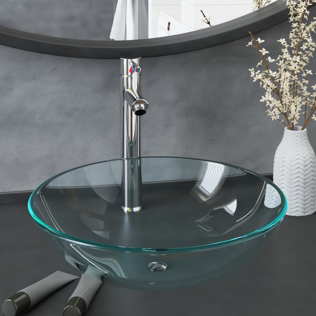 Wastafel met kraan en pop-up afvoer gehard glas transparant is nu te koop bij PeponiXL, paradijselijk wonen!
