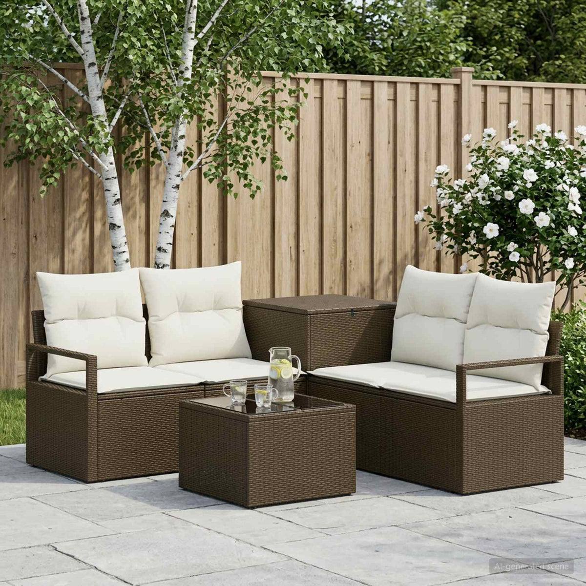 Bankstel 6 st Bruin en Crème Wit Poly Rattan en Staal is nu te koop bij PeponiXL, paradijselijk wonen!