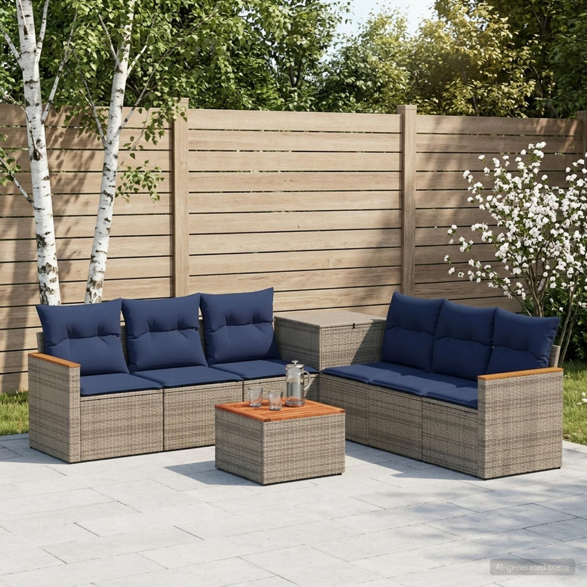 Bankstel 8 st Grijs en Marineblauw Poly Rattan en Staal is nu te koop bij PeponiXL, paradijselijk wonen!