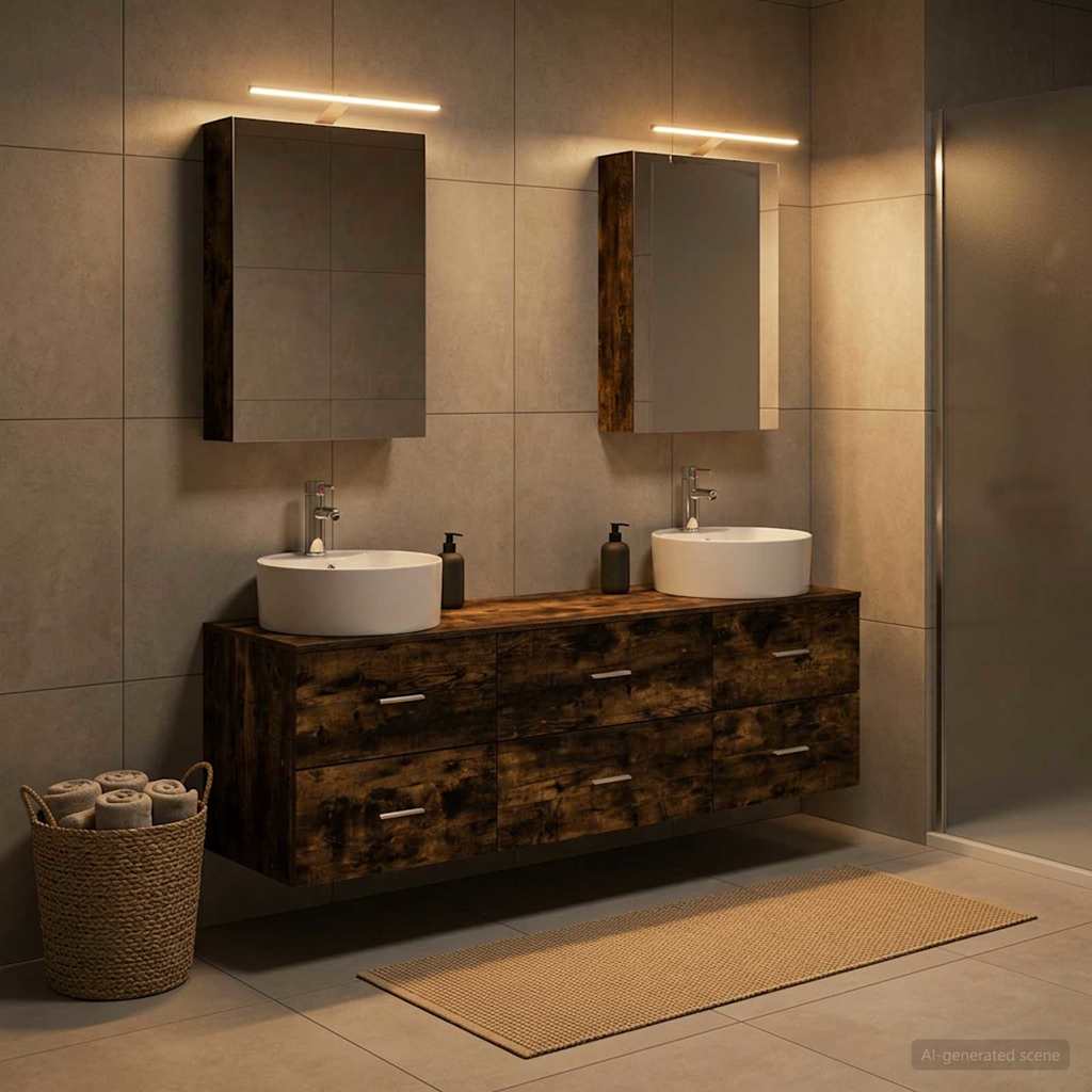 Badkamermeubelset 5 st Gerookt eiken Bewerkt hout en glas is nu te koop bij PeponiXL, paradijselijk wonen!