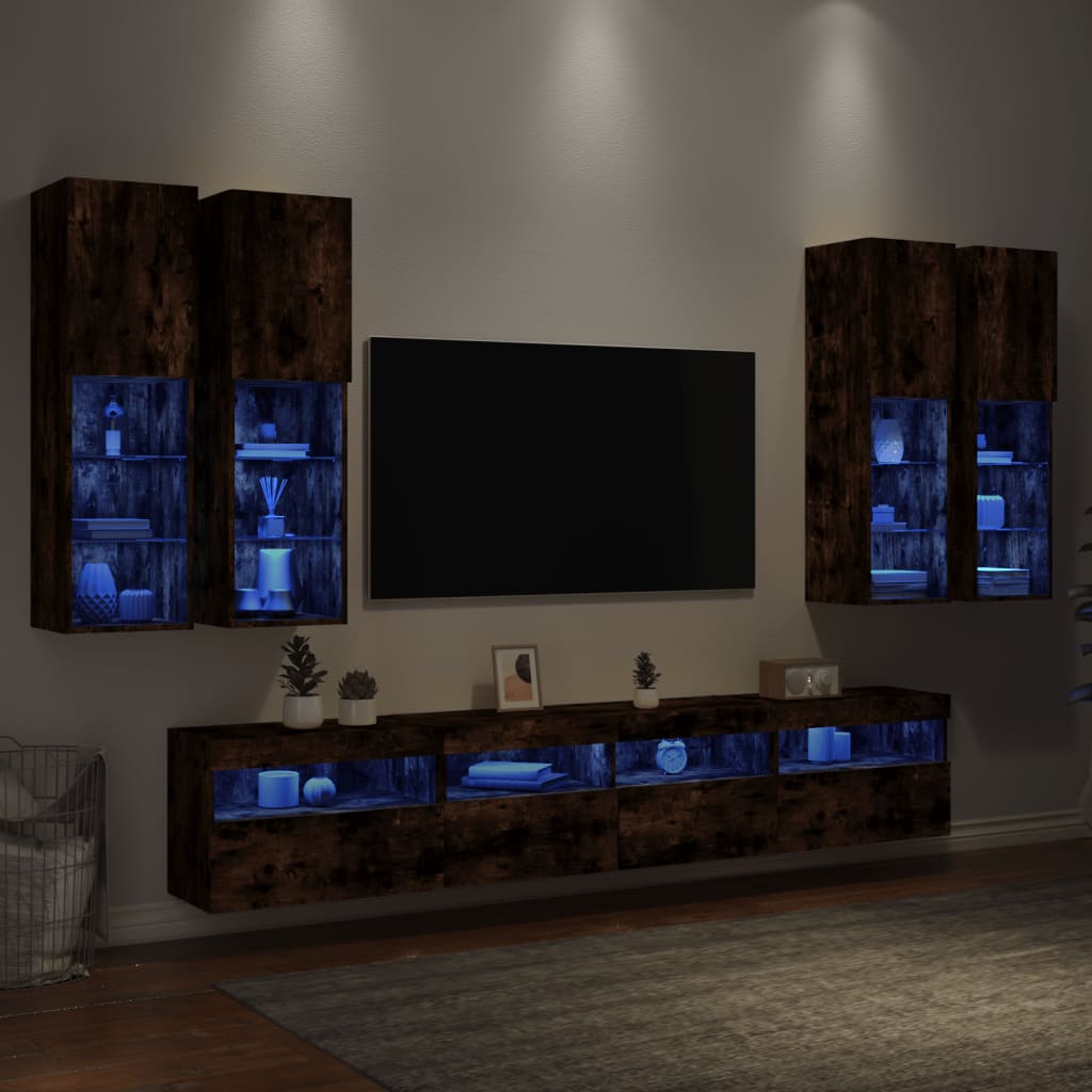 7-delige Tv-wandmeubelset met LED-verlichting gerookt eiken is nu te koop bij PeponiXL, paradijselijk wonen!
