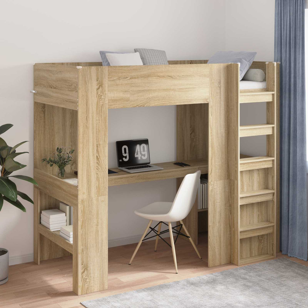 Loft Bedframe met Bureau Sonoma Eiken 90 x 200 cm Bewerkt hout is nu te koop bij PeponiXL, paradijselijk wonen!