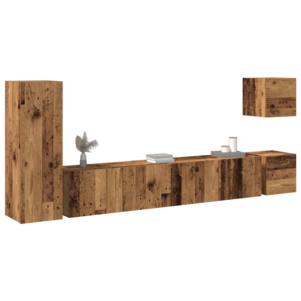 5-delig Tv-meubelset wandmontage bewerkt hout oud houtkleurig is nu te koop bij PeponiXL, paradijselijk wonen!