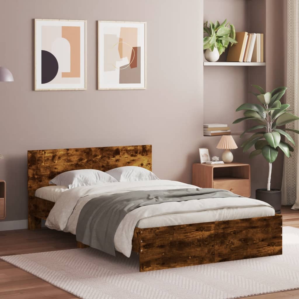 Bedframe met hoofdeinde gerookt eikenkleurig 135x190 cm is nu te koop bij PeponiXL, paradijselijk wonen!