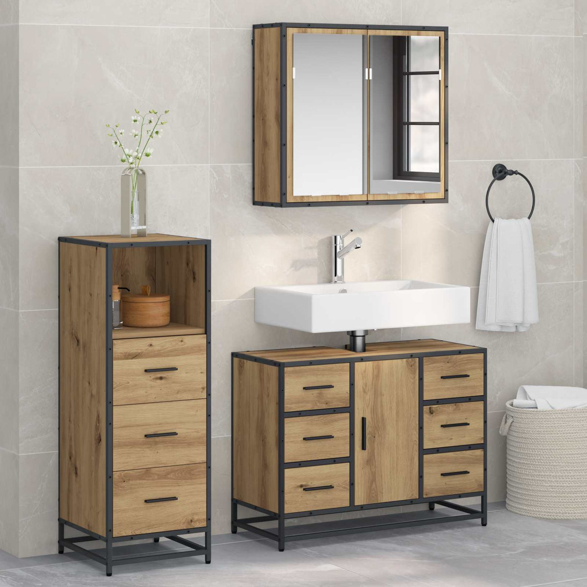 Badkamermeubelset met lade 3 pcs Artisan Eiken Bewerkt hout is nu te koop bij PeponiXL, paradijselijk wonen!