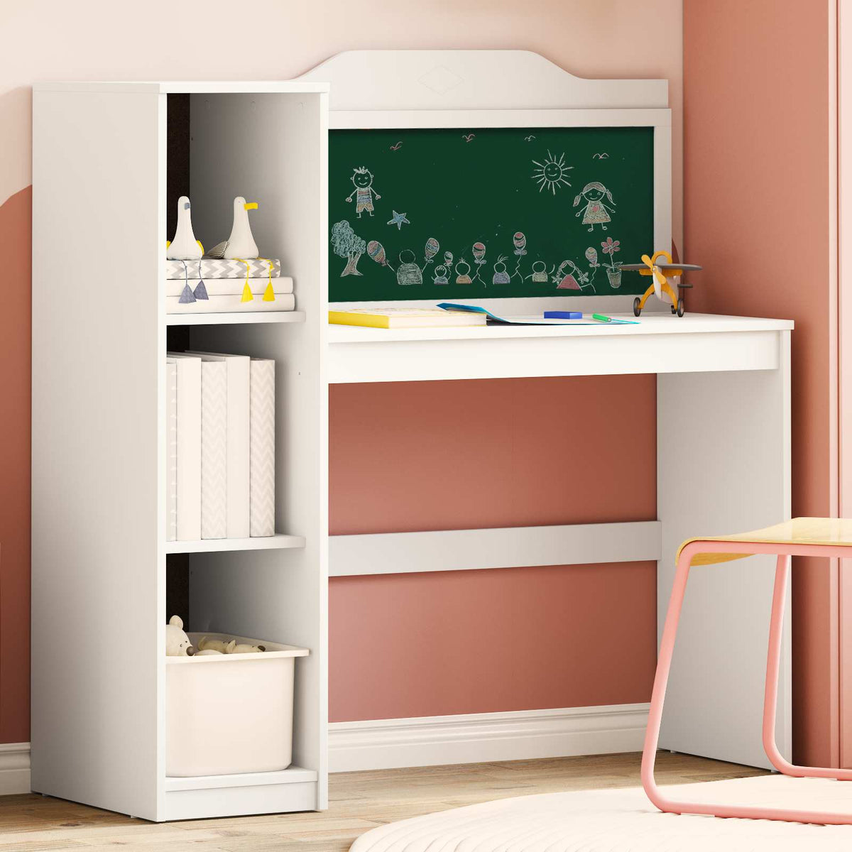 Bureau met open opbergruimte en schoolbord met plank ROROS Wit is nu te koop bij PeponiXL, paradijselijk wonen!