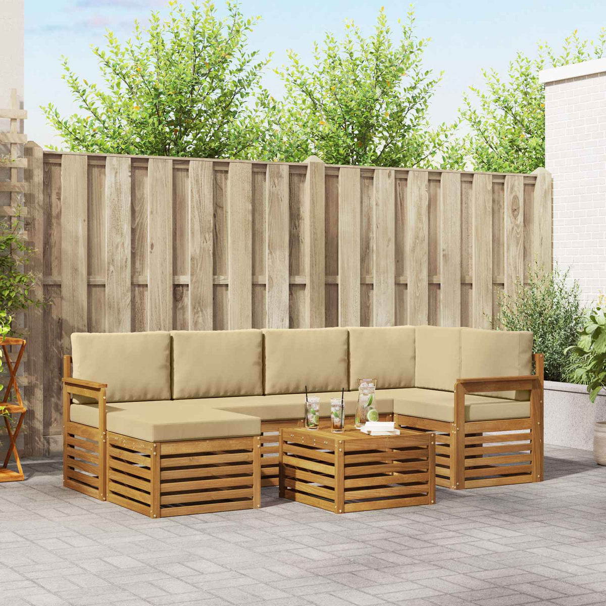 Hoekbank Set 7 pcs Natuurlijk en Beige Massief Acaciahout is nu te koop bij PeponiXL, paradijselijk wonen!