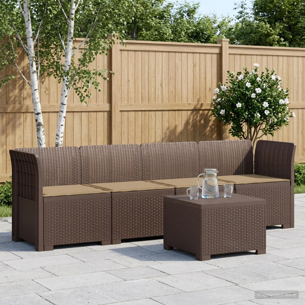 4-Persoons Tuin Sofa met Kussens Rieten Look PP Bruin is nu te koop bij PeponiXL, paradijselijk wonen!