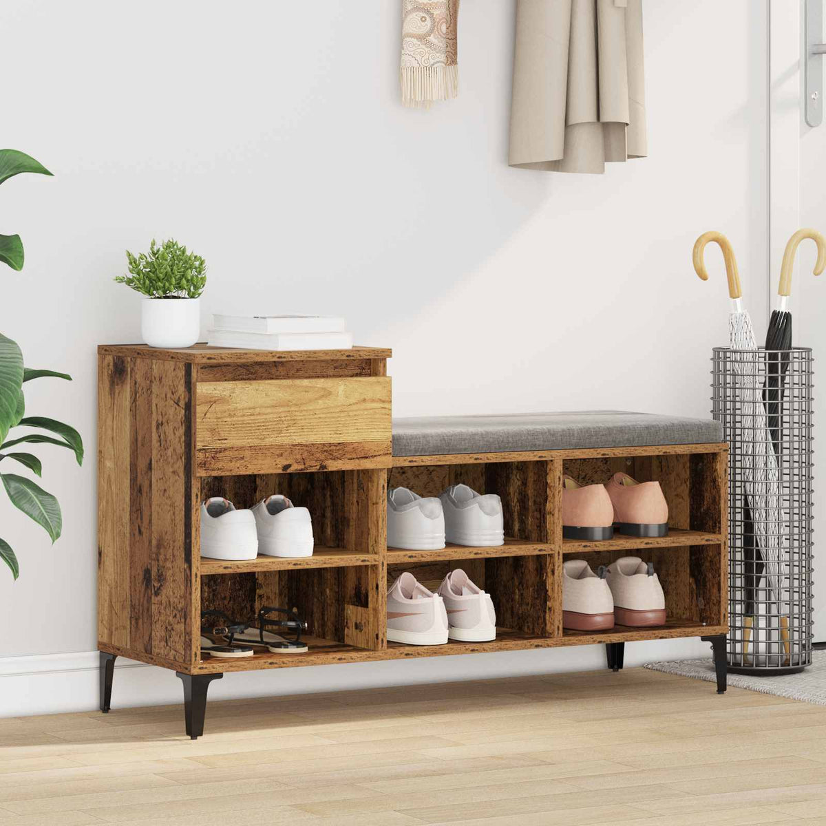 Schoenenkast met lade Oud hout 102 x 36 x 60 cm Bewerkt hout is nu te koop bij PeponiXL, paradijselijk wonen!