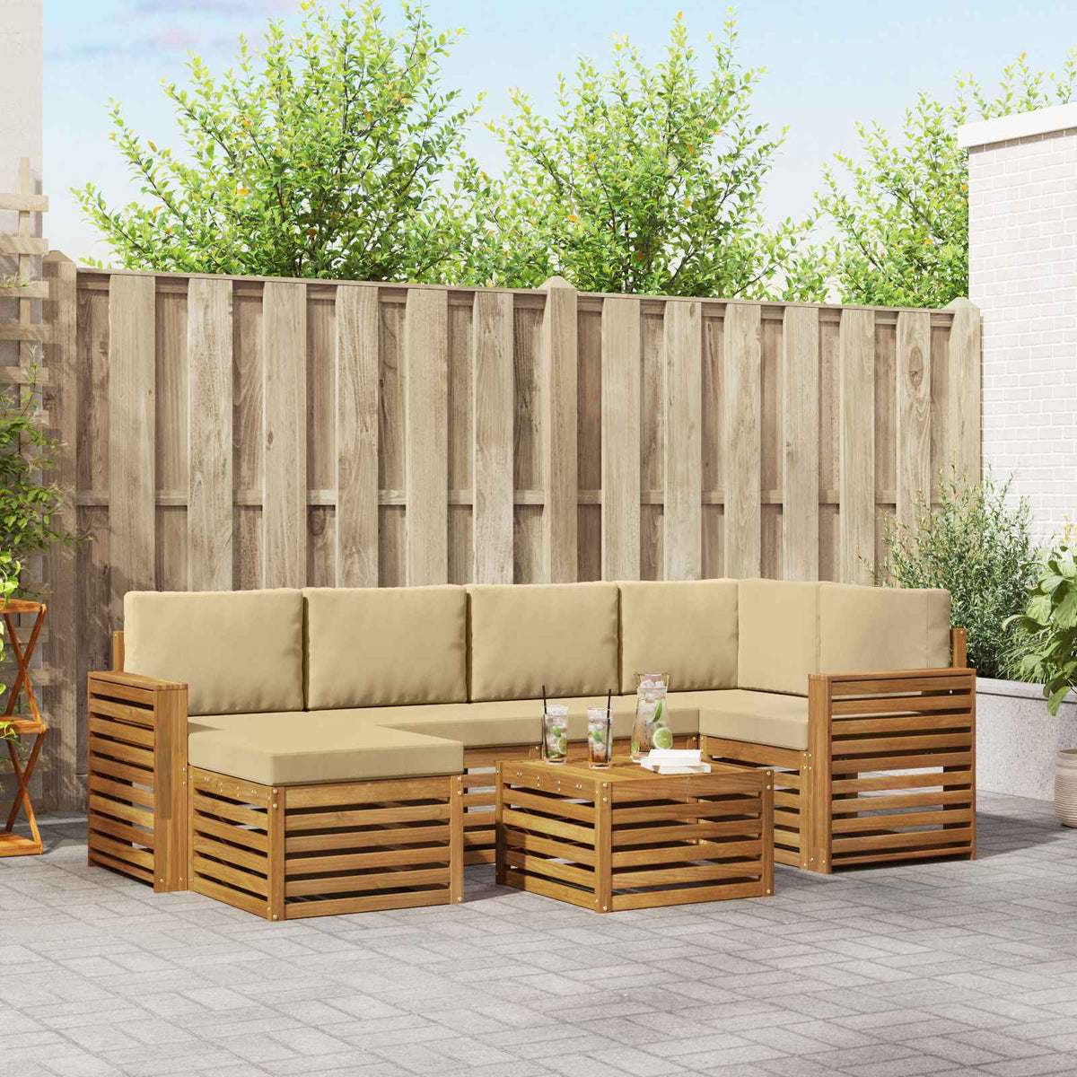 Hoekbank Set 7 pcs Natuurlijk en Beige Massief Acaciahout is nu te koop bij PeponiXL, paradijselijk wonen!