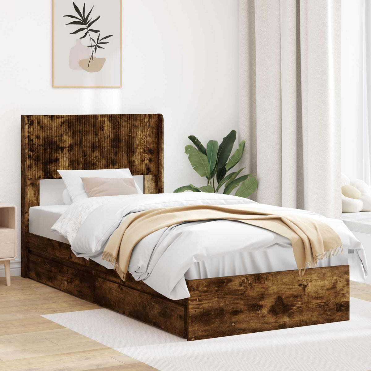Bedframe met opbergruimte en hoofdbord Gerookt eiken is nu te koop bij PeponiXL, paradijselijk wonen!