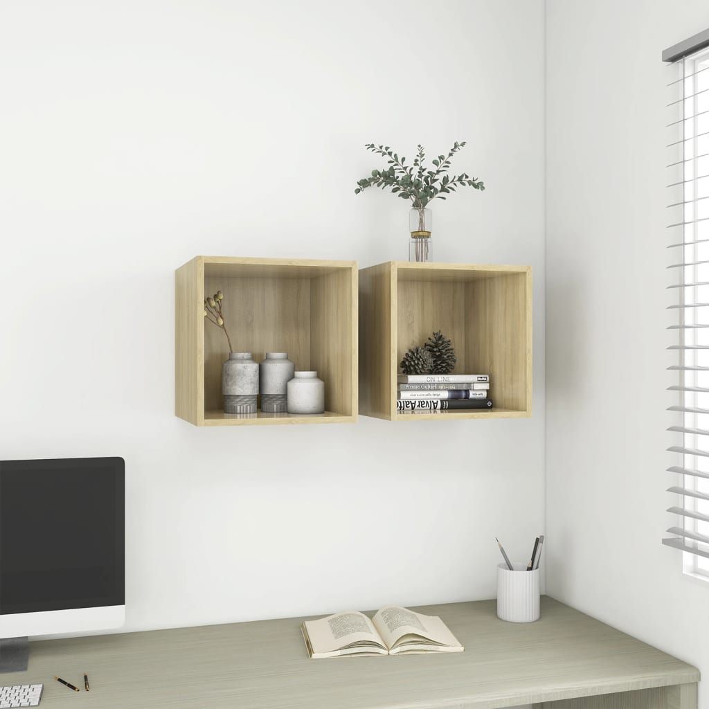 Wandkasten 2 st 37x37x37 cm bewerkt hout sonoma eikenkleurig is nu te koop bij PeponiXL, paradijselijk wonen!