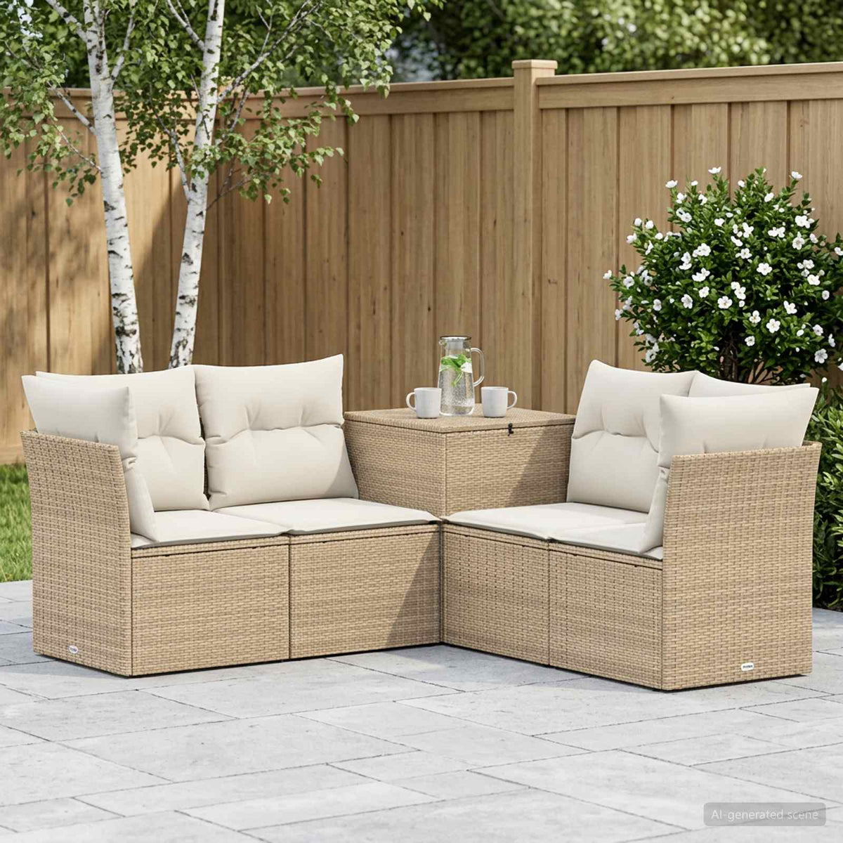 Bankstel 5 st Beige en Crème Wit Poly Rattan en Staal is nu te koop bij PeponiXL, paradijselijk wonen!
